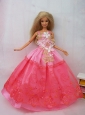 New Beautiful Pink Lace Handmade Party Clothes Fashion Dress For Quinceanera Doll