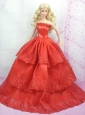 Rust Red Princess Dress With Embroidery Gown For Quinceanera Doll