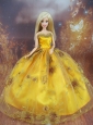 Beading Decorate Ball Gown Gold Quinceanera Doll Dress