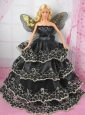 Luxurious Black Strapless Lace Ruffled Layeres Party Clothes Fashion Dress For Quinceanera Doll