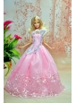 Pink Lovely Party Dress For Quinceanera Doll Dress With Embroidery