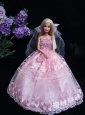 Romantic Baby Pink Strapless Lace Fashion Wedding Dress For Quinceanera Doll