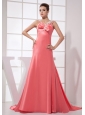 Beading Decorate Bodice Watermelon Red Taffeta Brush Train Straps 2013 Prom Dress