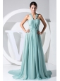 Ruch Decorate Bodice Straps Watteau Train Chiffon Light Blue 2013 Prom Dress