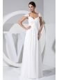 Elegant Beading Decorate Cap Sleeves V-neck White Chiffon Watteau Train 2013 Wedding Dress