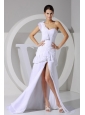 High-low One Shoulder White Chiffon Brush Train 2013 Prom Dress