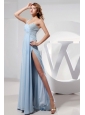 Light Blue One Shoulder and High Slit Prom Dress With Beading