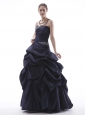 Navy Blue Prom Dress With Beaded and Pick-ups Taffeta Lace-up Black