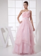 One Shoulder Beading Custom Made Floor-length Pink Organza 2013 Prom Dress