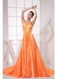 Orange Red Beading Pleat Elastic Woven Satin Brush Train 2013 Prom Dress