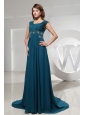 Square Blue Prom Dress With Beading and Brush Train