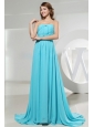 Strapless and Ruch For Elegant Blue Prom Dress With Brush Train