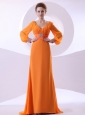 V-neck Beading and Ruching Decorate Bodice Long Sleeves Orange Chiffon Brush Train 2013 Mother Of The Bride Dress