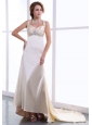 Beading and Ruching Decorate Bodice Champagne Watteau Train Straps Elastic Woven Satin 2013 Prom Dress