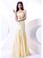 Beading Strapless Floor-length Light Yellow Elastic Woven Satin 2013 Prom Dress