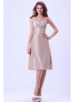 Champagne V-neck Bridemaid Dress With Knee-length