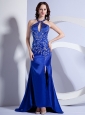Mermaid Halter Embroidery Royal Blue Taffeta Brush / Sweep Prom Dress