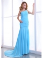 One Shoulder Decorate Bodice Ruching Light Blue Chiffon Brush Train 2013 Prom Dress