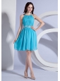 Beading and Ruching Decorate Bodice Halter Aqua Blue Chiffon Knee-length 2013 Prom Dress