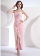 Beading Column Strapless Chiffon Beading Ankle-length Prom Dress Pink