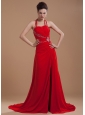 Beading Decorate Bodice High Slit Halter Red Chiffon Brush Train 2013 Prom Dress