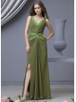 Beading Decorate Bodice V-neck High Slit Olive Green Chiffon 2013 Prom Dress Floor-length