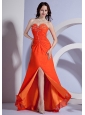 Beading Decorate Bust Sweetheart Neckline High Slit Orange Red Chiffon Brush Train 2013 Prom Dress