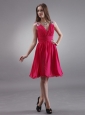 Coral Red V-neck Bridemaid Dress With Beading Chiffon Knee-length