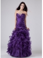 Fashionable Beading And Ruffles Organza Strapless Floor-length Column Prom Dress Purple
