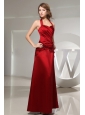 Halter Ruched Ankle-length Wine Red Satin Bridemaid Dress Column