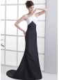 Hand Made Flower Decorate One Shoulder White and Black Satin Brush Train 2013 Prom Dress