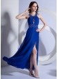 High Slit A-Line Chiffon Beading Ankle-length Column Prom Dress Royal Blue