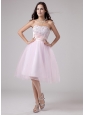 Lace and Beading Strapless Tulle Tea-length A-Line Lace and Beading Prom Dress Pink