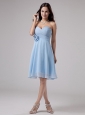 Light Blue Bridemaid Dress With Hand Made Flower and Ruching Knee-length Chiffon