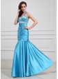 Mermaid Beading Halter Elastic Woven Satin Prom Dress Floor-length Blue