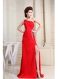 Red One Shoulder Prom / Evening Dress With Brush Train Appliques and High Slit