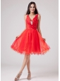 Red V-neck Sweet 2013 Prom Dress With Beading and Ruch Organza