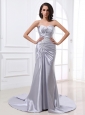 Silver Custom Made Prom Dress With Ruched Bodice Beading and Elastic Woven Satin
