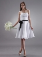 White Bridemaid Dress With Black Sash Knee-length Chiffon