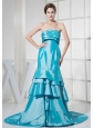 Ruffled Layers Decorate Bodice Prom Dress For Formal Evening Aqua Blue Brush Train