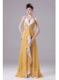Gold Prom Dress With Halter Ruch adn Brush Train For Custom Made