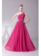 One Shoulder and Ruched Bodice For Hot Pink Prom Dress With Beading