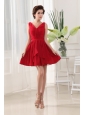 Red V-neck and Ruch For Prom Dress With Mini-length and Chiffon
