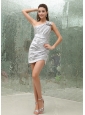Silver Prom Dress With One Shoulder Hand Made Flowers and Ruched Over Skirt