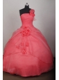 2013 Watermelon One Shoulder Quinceanera dress With Hand made flowers Ruched Bodice Organza Floor-length