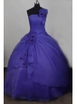 Hand Made Flower One Shoulder Neck Organza Sweet 16 Ball Gown Floor-length Purple Quinceanera Dress