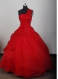 Red Quinceanera Dress with One Shoulder Hand Made Flowers and Organza for Custom Made