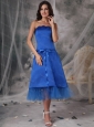 Blue Strapless Tea-length Taffeta Sash Dama Dresses On Sale