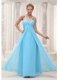Aqua Blue Chiffon V-neck Beaded Long Dama Dress
