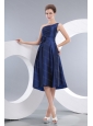 One Shoulder Navy Blue Hand Made Flowers Dama Dresses for Quinceanera